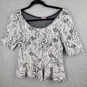 Juniper Ln Top Blouse Womens M White Black Peplum Short Sleeves Cottagecore